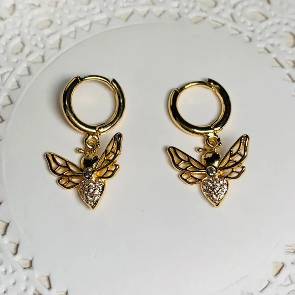Mini Honey Bee 18K Gold Plated Crystal Hoop Earrings - Picture 2 of 8
